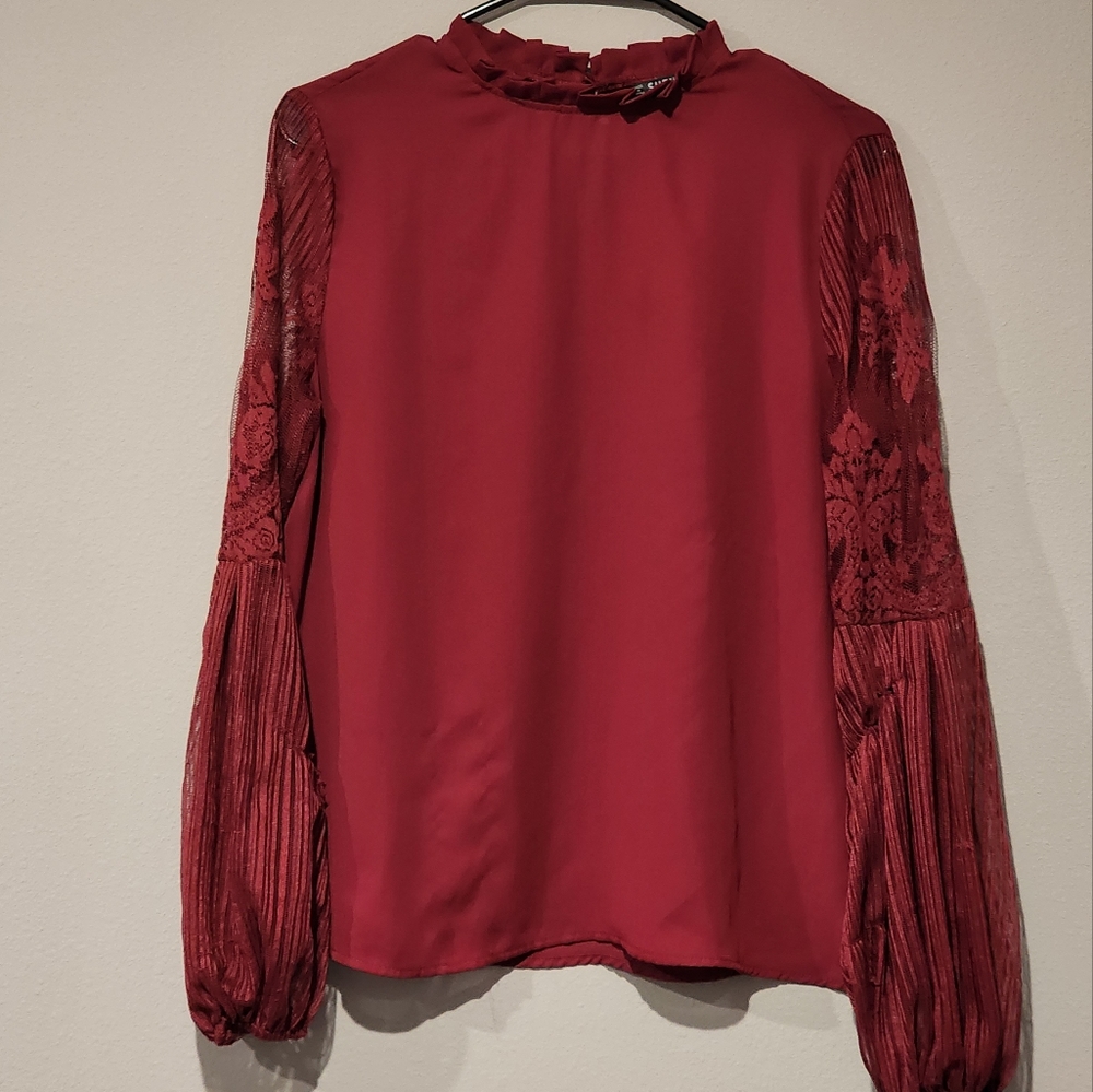 Romantic pleated collar lace sleeve blouse